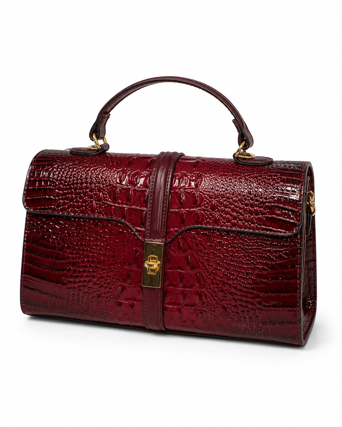 Glossy Oxblood Croc-Embossed Structured Satchel with Crossbody Strap