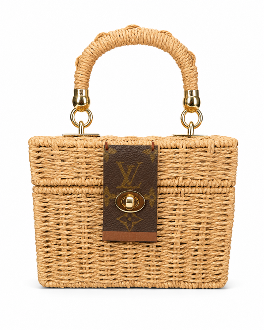 Upcycled Woven Box Bag with Authentic Louis Vuitton Monogram Accent + Strap & COA