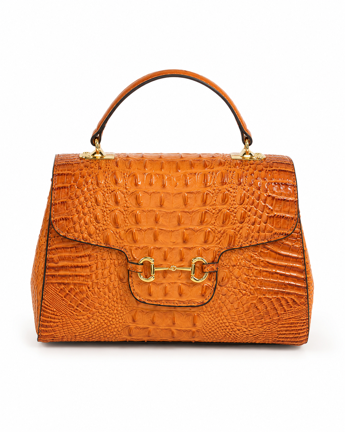 Glossy Cognac Orange Croc-Embossed Satchel with Crossbody Strap