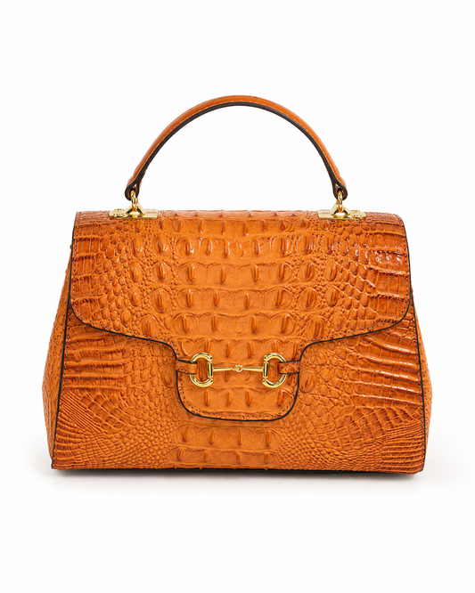 Glossy Cognac Orange Croc-Embossed Satchel with Crossbody Strap