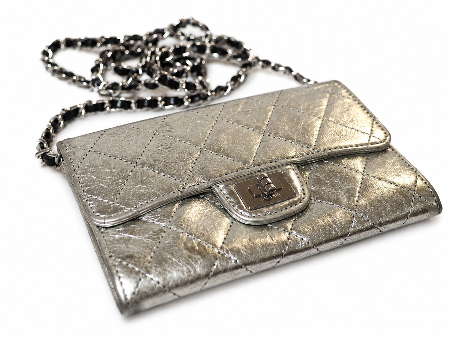 Chanel metallic Reissue-style wallet With aftermarket chain