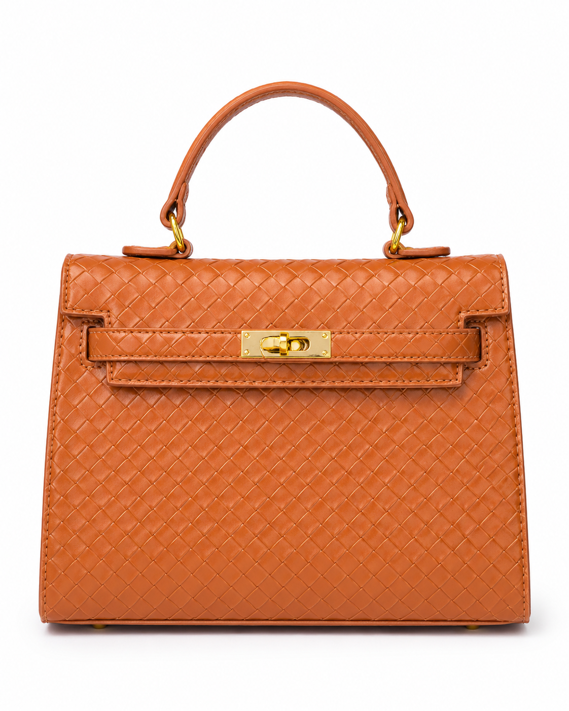 Cognac Woven Top Handle Satchel with Gold Hardware & Crossbody Strap