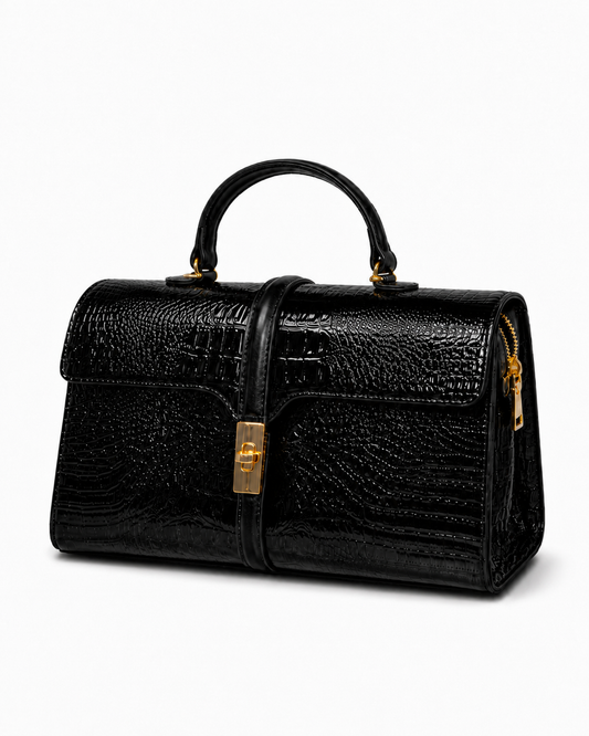 Glossy Black Croc-Embossed Structured Satchel with Crossbody Strap