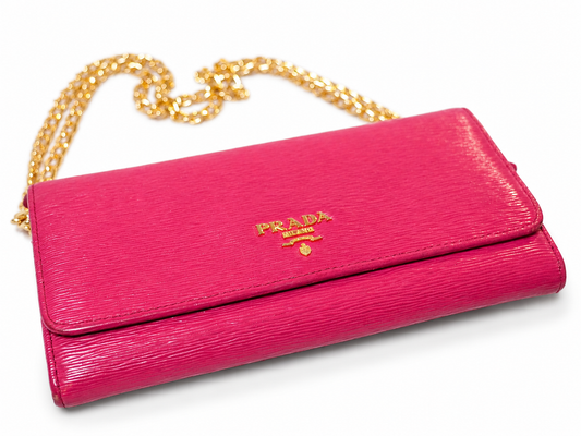 Pink Prada Saffiano Long Wallet with Aftermarket Chain