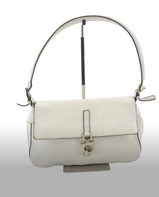 Salvatore Ferragamo White Leather Gancini Shoulder Bag + COA
