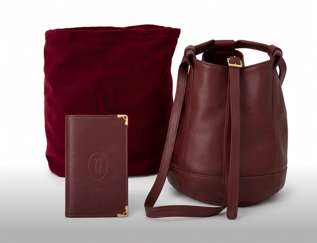 Authentic Vintage Must de Cartier Burgundy Bucket Bag & Wallet Bundle