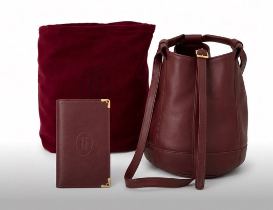 Authentic Vintage Must de Cartier Burgundy Bucket Bag & Wallet Bundle